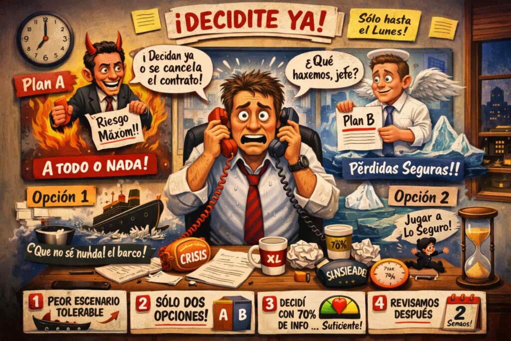CEO bajo presión tomando una decisión estratégica urgente con dos opciones opuestas y alto riesgo