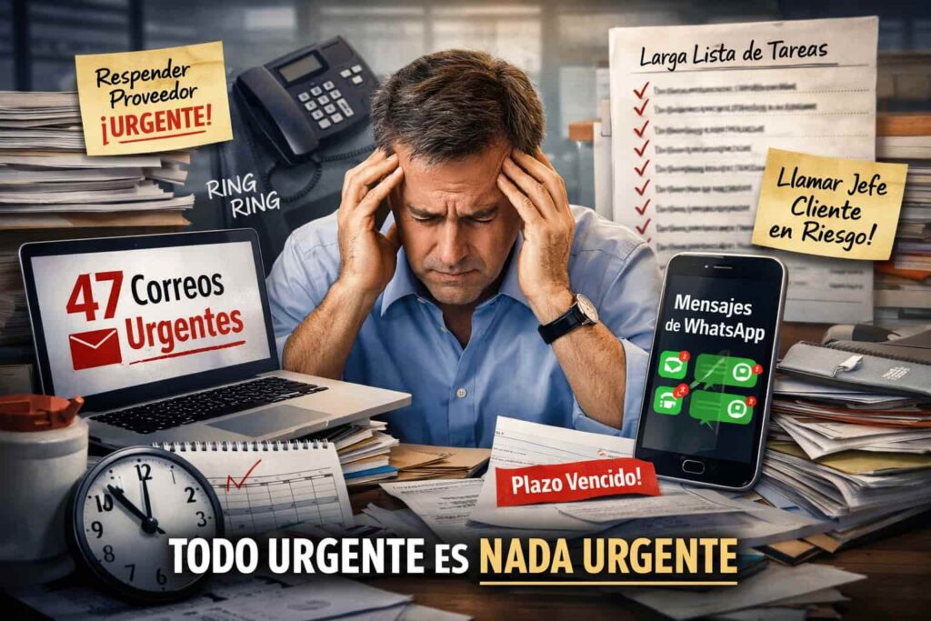 Empresario abrumado frente a múltiples tareas urgentes en escritorio desordenado con correos, WhatsApp y pendientes acumulados